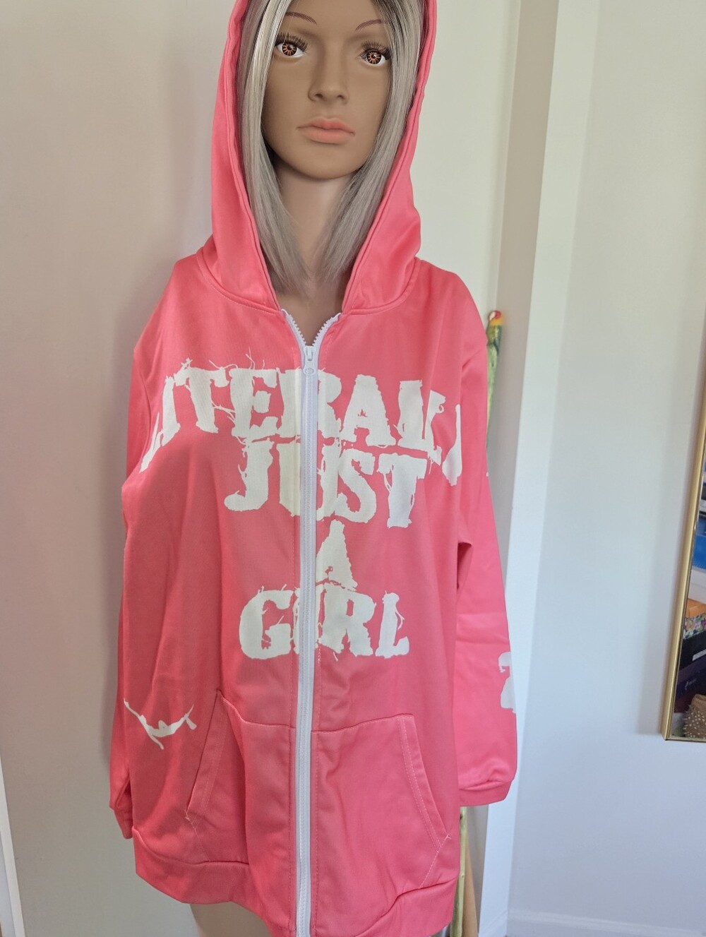 Womens Literally Just A Girl Graphic Pink White Hoodie Zip Up Size XL - Picture 2 of 9